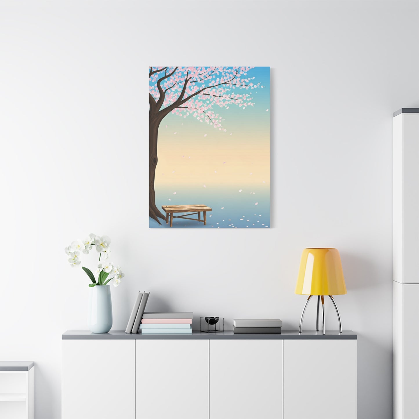 Minimal Sakura Tree With Bench Spring Serenity Wall Art & Canvas Prints