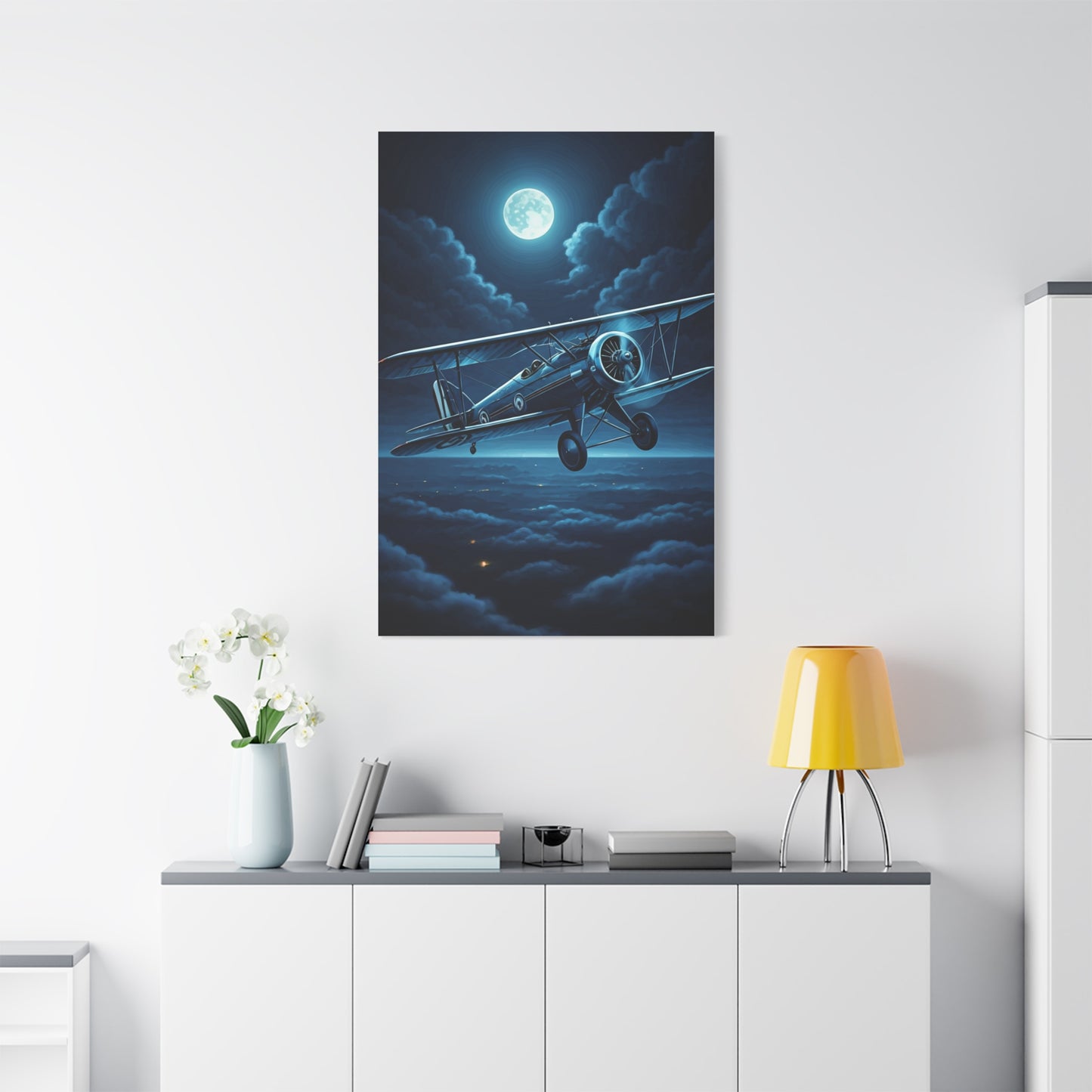 Moonlit Midnight Flight Biplane Wall Art & Canvas Prints