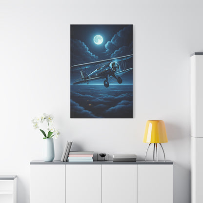 Moonlit Midnight Flight Biplane Wall Art & Canvas Prints