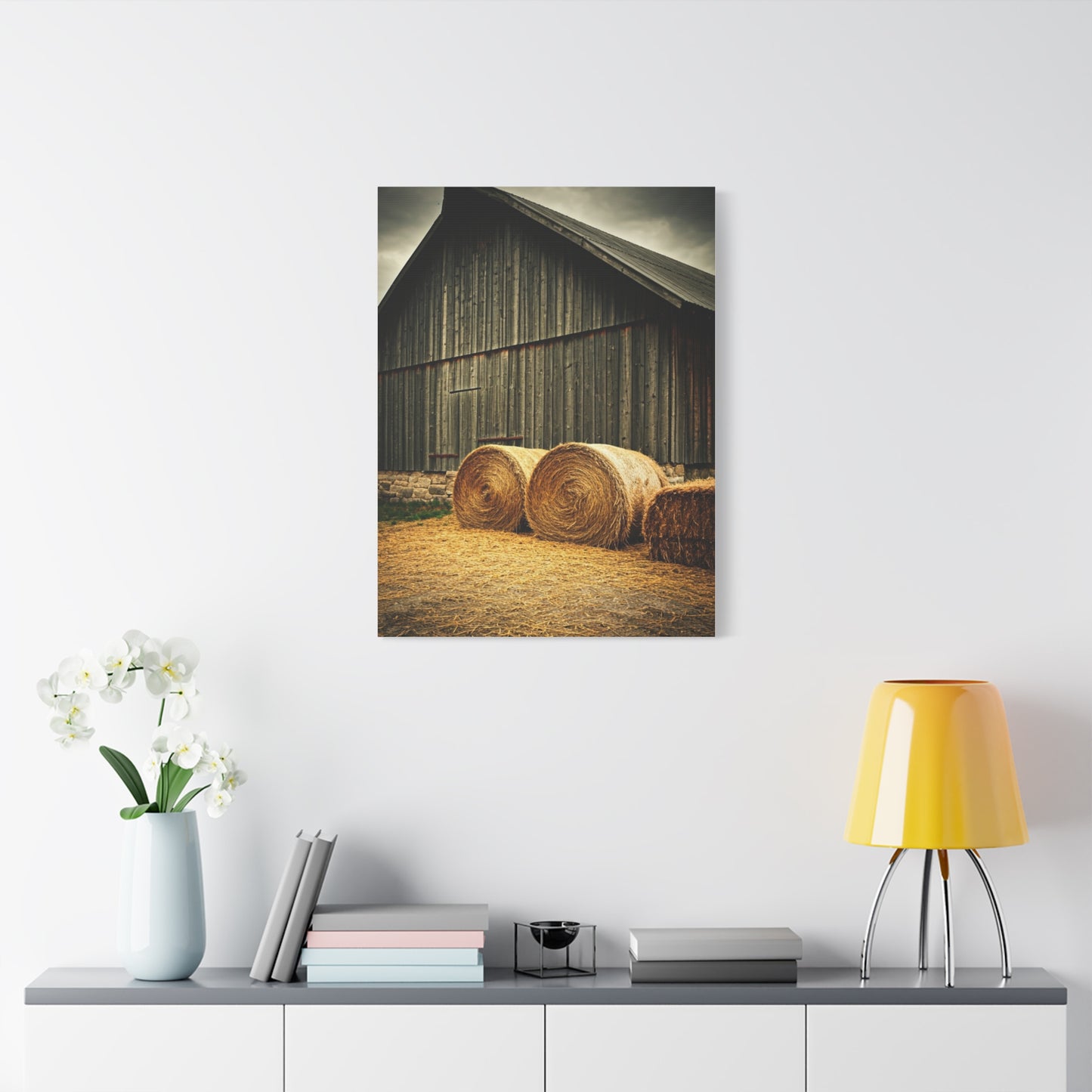 Hay Bales Resting by the Old Barn Wall Art & Canvas Prints