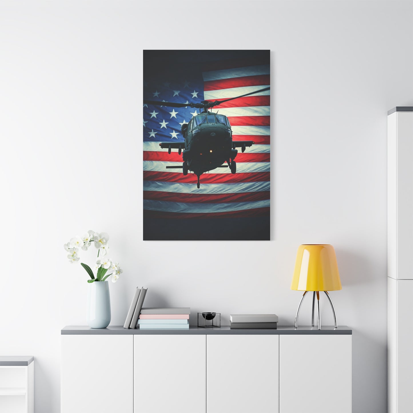 Helicopter Over American Flag Tribute Wall Art & Canvas Prints