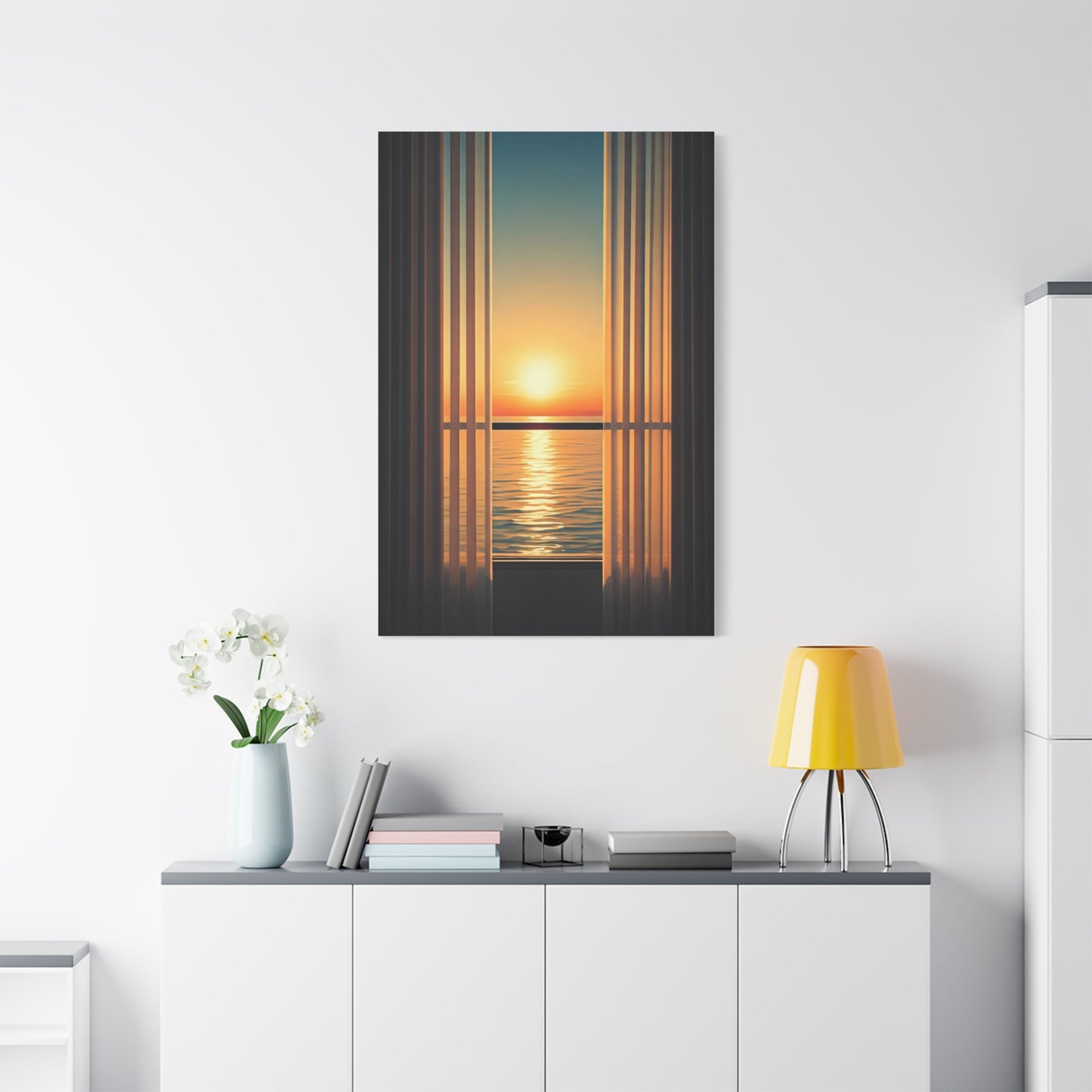 Golden Horizon Through Sheer Curtains Wall Art & Canvas Prints