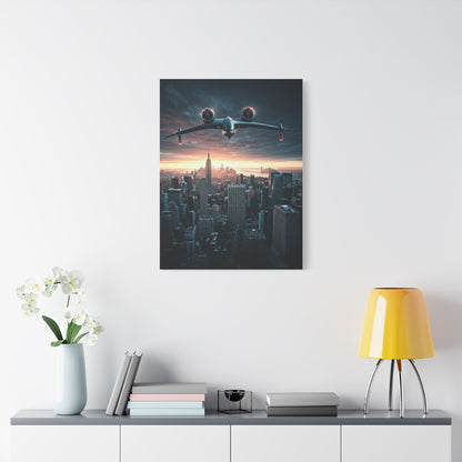 Futuristic Jet Over City Skyline Wall Art & Canvas Prints