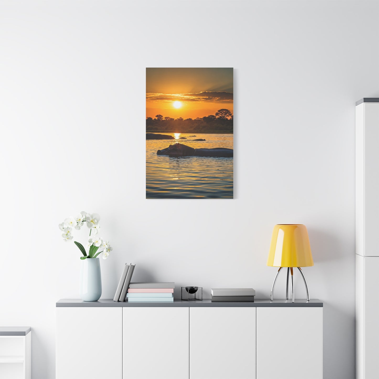 Hippo Resting at Sunset Waters Wall Art & Canvas Prints