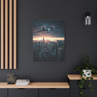 Futuristic Jet Over City Skyline Wall Art & Canvas Prints