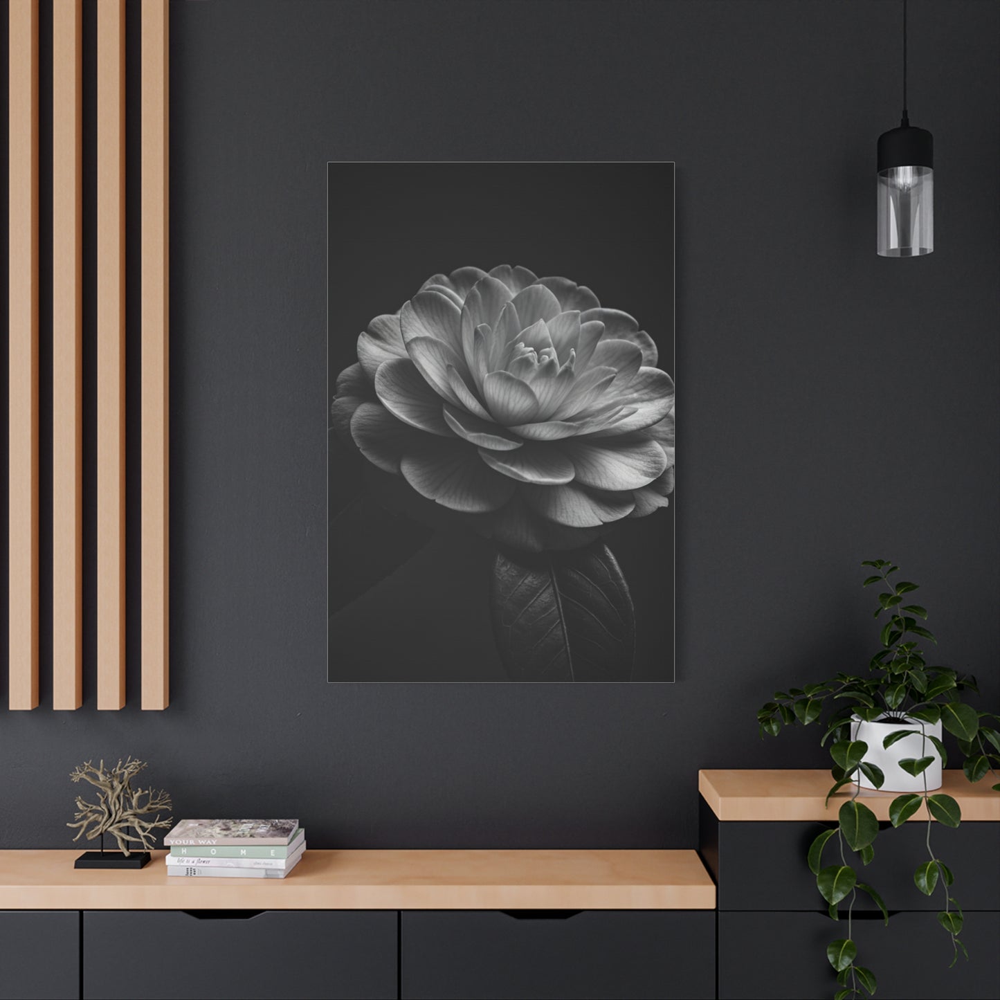 Camellia Bloom in Shadow Monochrome Wall Art & Canvas Prints