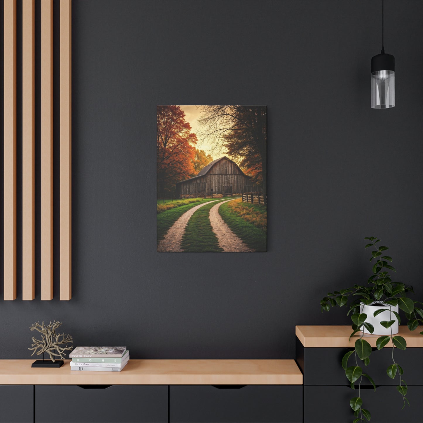 Autumn Barn Road at Golden Hour Wall Art & Canvas Prints
