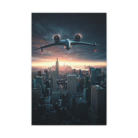 Futuristic Jet Over City Skyline Wall Art & Canvas Prints