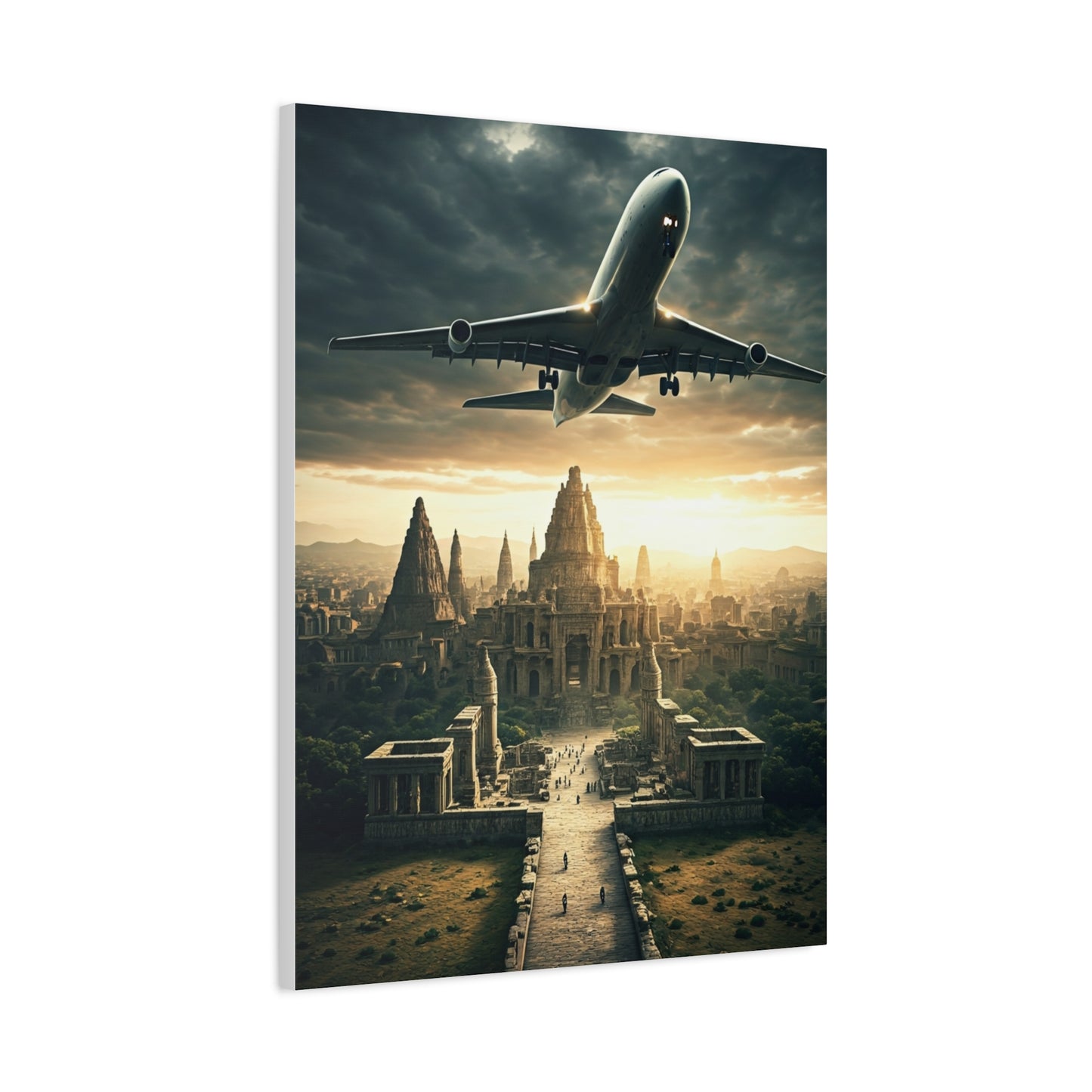 Airliner Over Ancient City Sunrise Wall Art & Canvas Prints