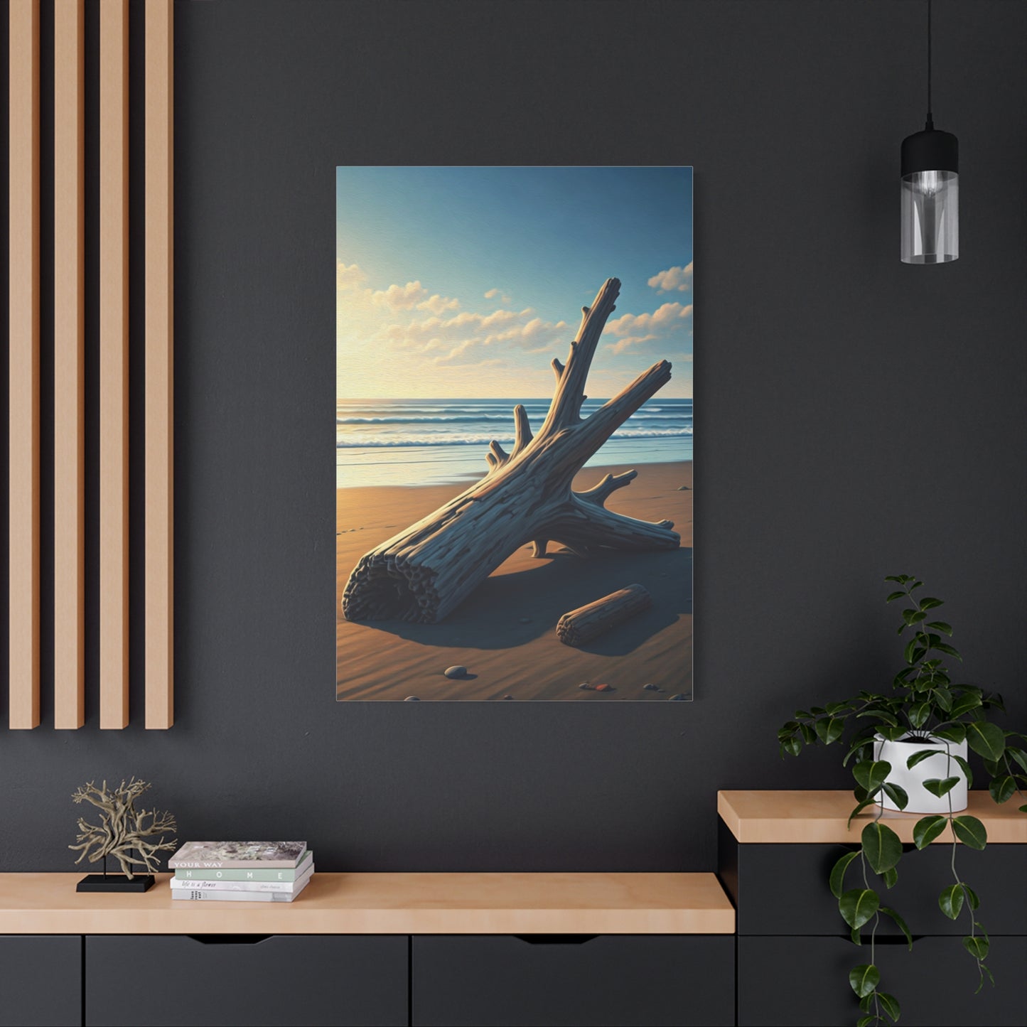 Driftwood Sculpture on Golden Beach Wall Art & Canvas Prints