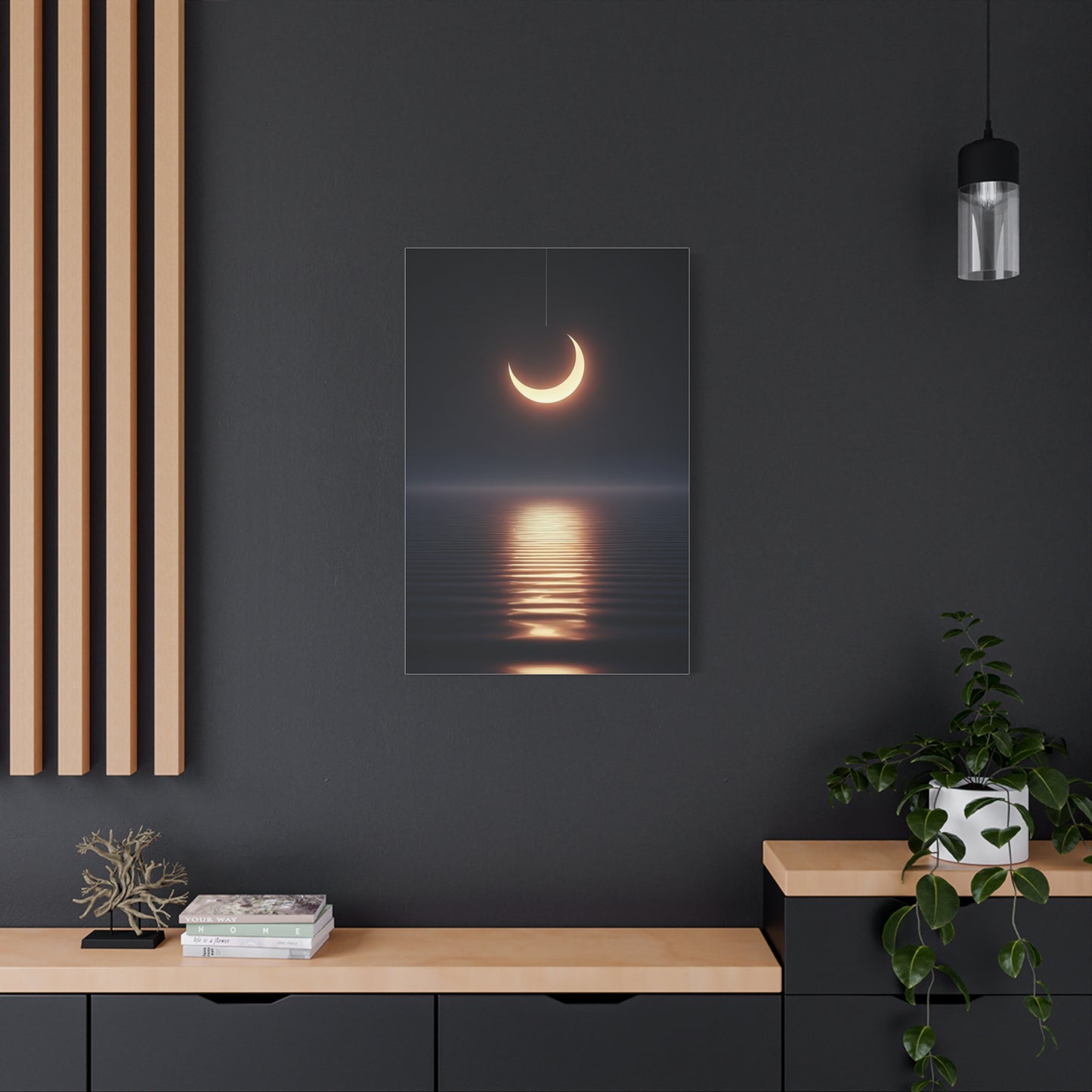 Crescent Moon Reflection Over Calm Water Wall Art & Canvas Prints