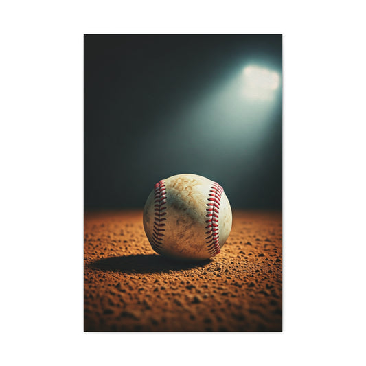 Baseball on Dirt Field Under Stadium Light Wall Art & Canvas Prints