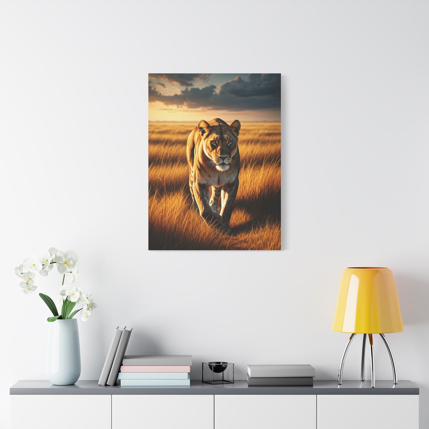 Majestic Lion Walking Through Savannah Grass Wall Art & Canvas Prints