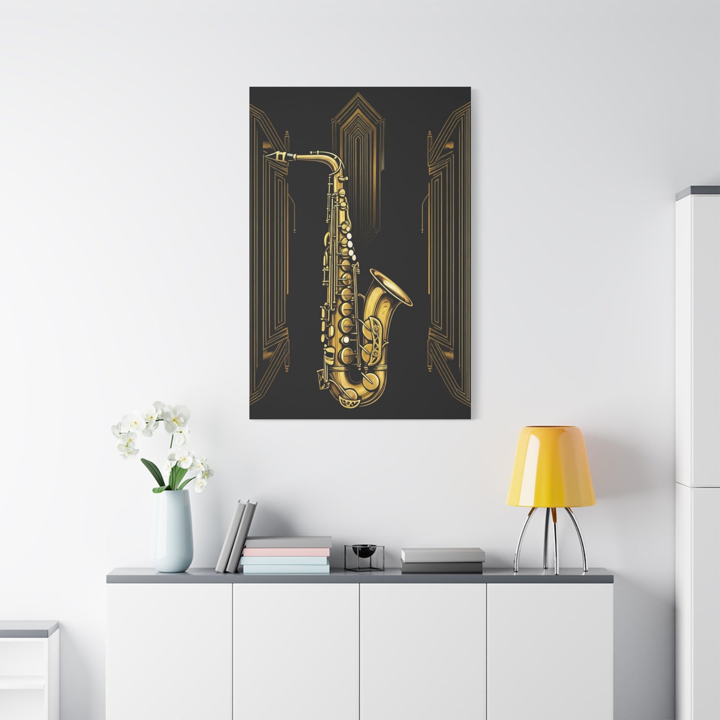 Golden Jazz Saxophone Art Deco Wall Art & Canvas Prints