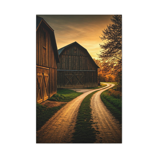 Country Road Between Rustic Barns at Golden Hour Wall Art & Canvas Prints
