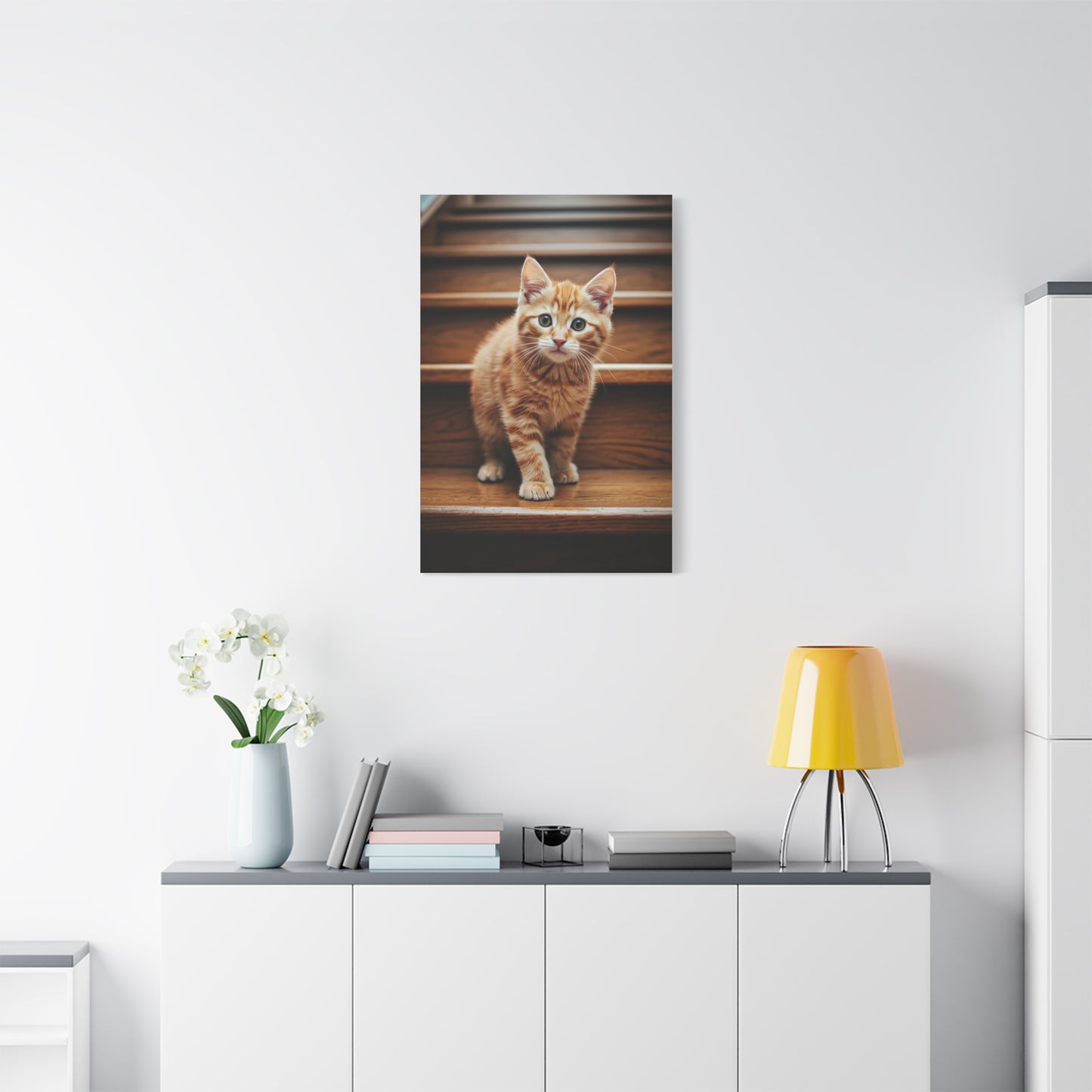 Curious Kitten on Wooden Steps Wall Art & Canvas Prints