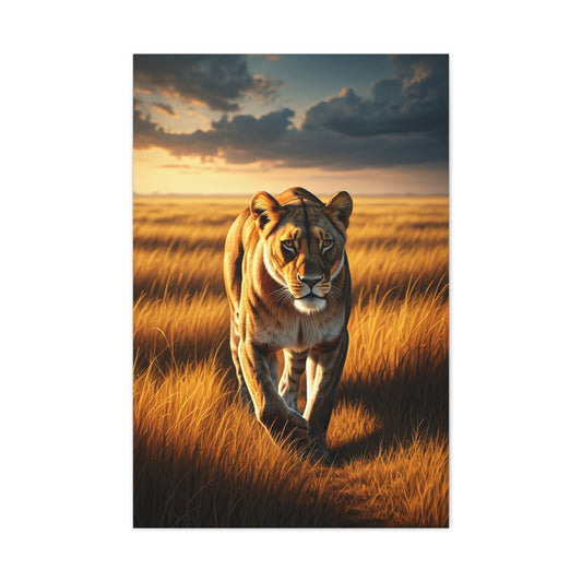 Majestic Lion Walking Through Savannah Grass Wall Art & Canvas Prints