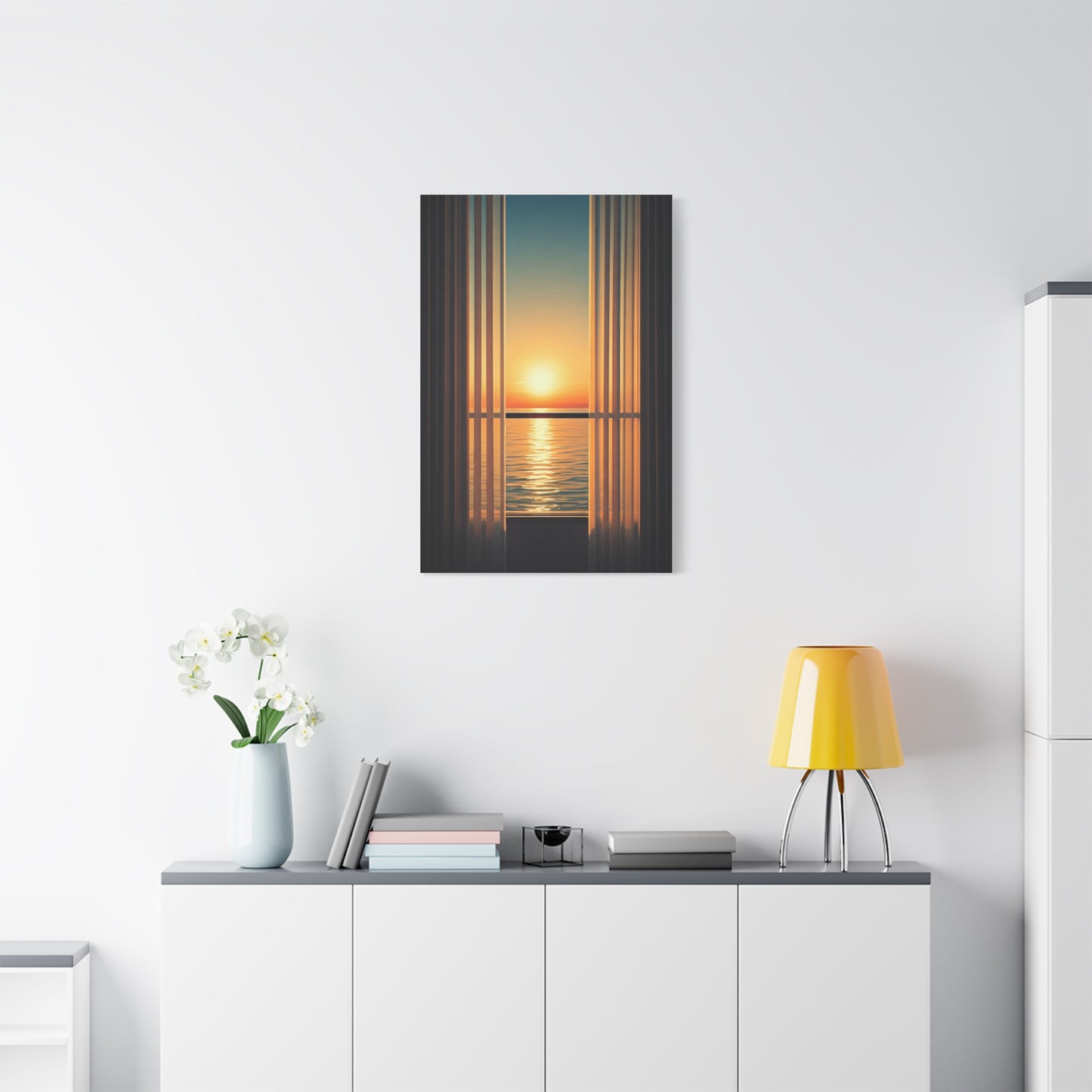 Golden Horizon Through Sheer Curtains Wall Art & Canvas Prints