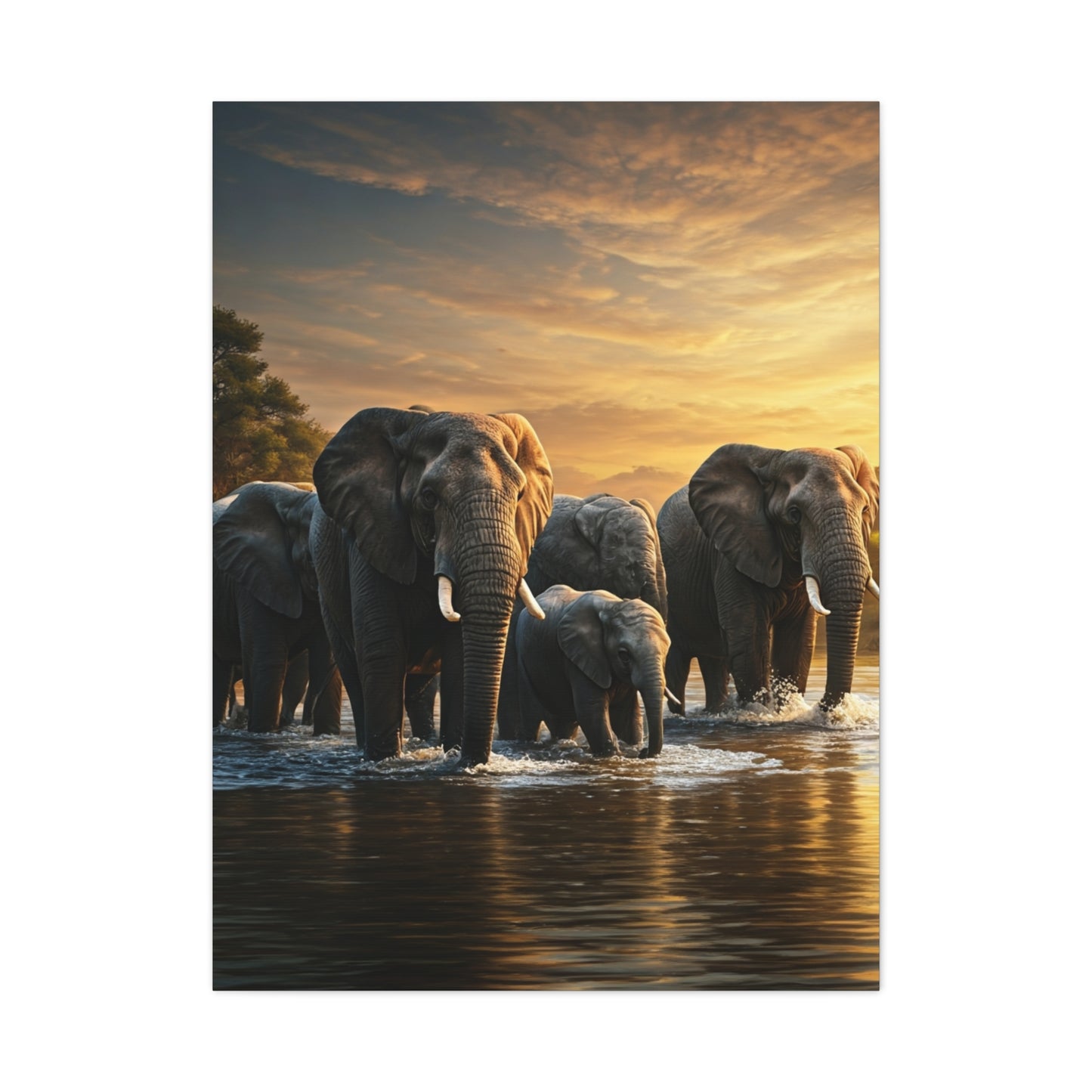 Elephant Family Crossing at Golden Dawn Wall Art & Canvas Prints
