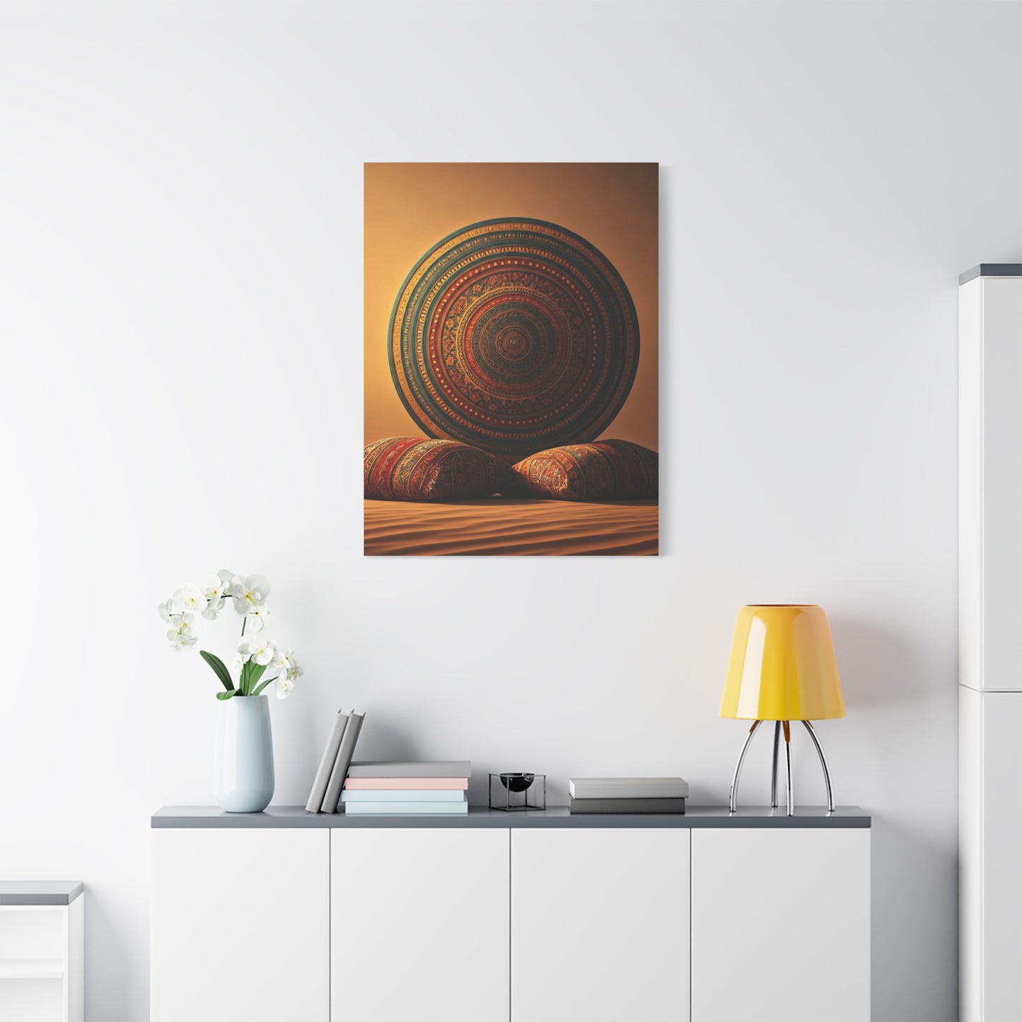 Sacred Mandala Resting in Sand Wall Art & Canvas Prints
