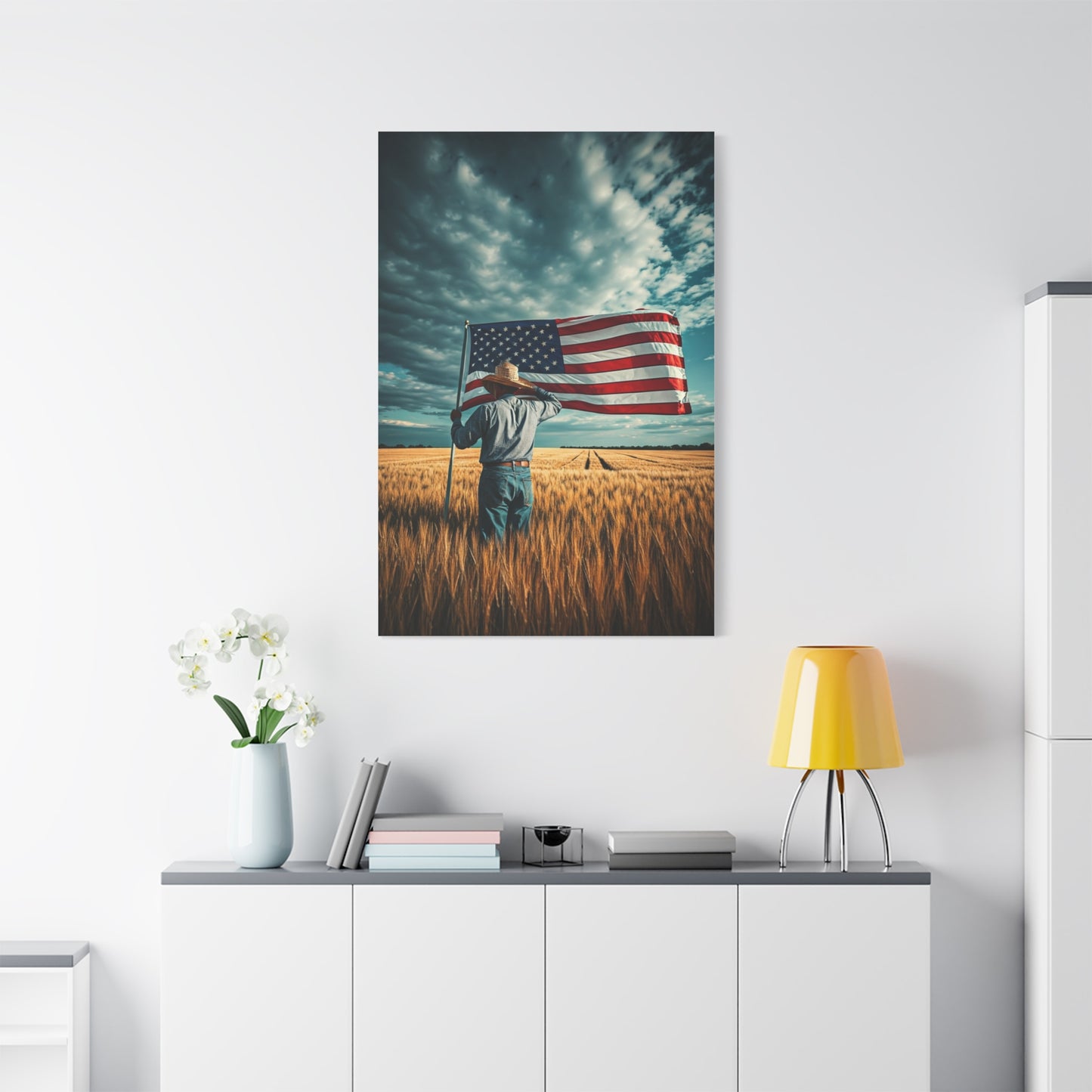 American Flag Over Golden Fields Wall Art & Canvas Prints