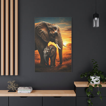 Elephant Mother and Calf at Sunset Wall Art & Canvas Prints