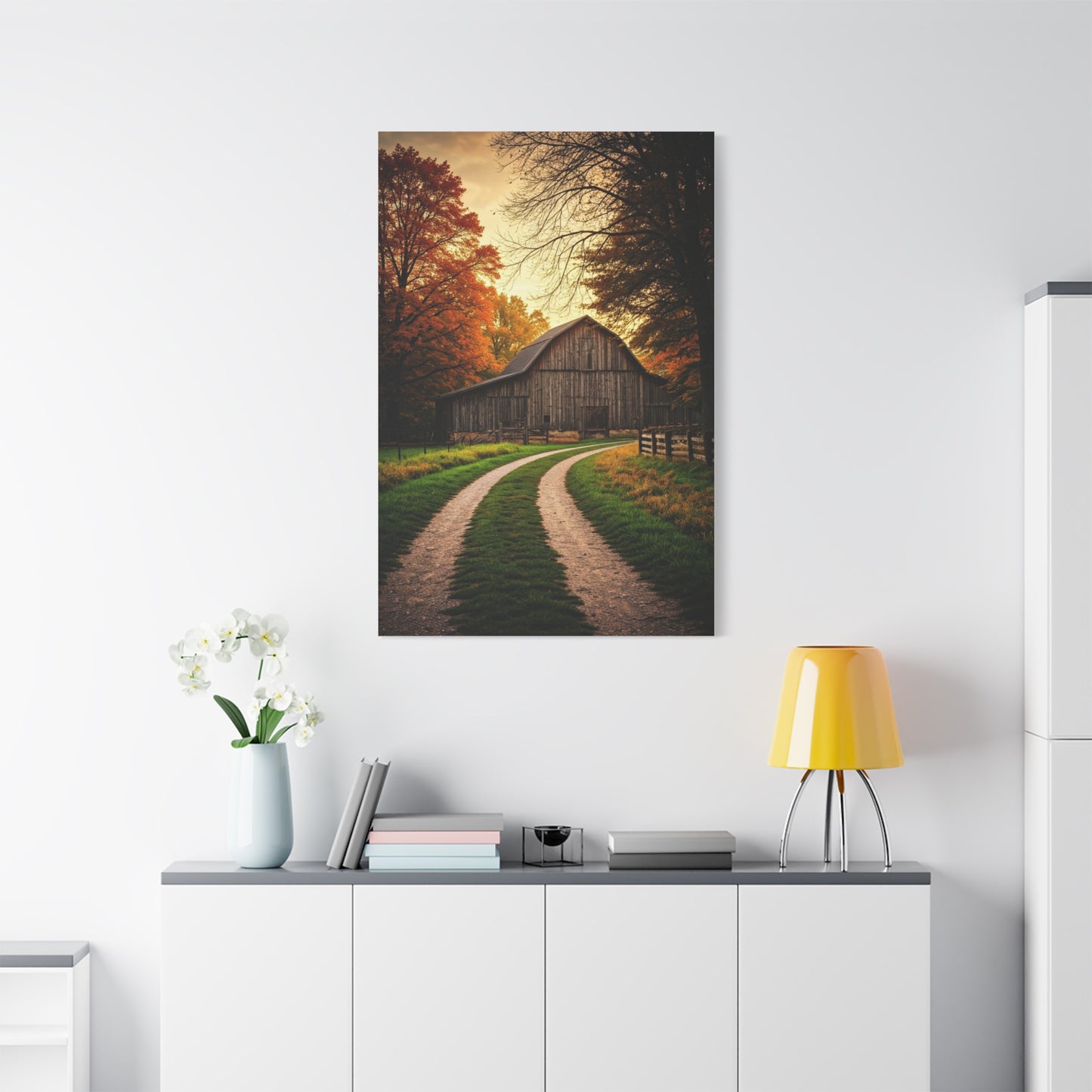 Autumn Barn Road at Golden Hour Wall Art & Canvas Prints
