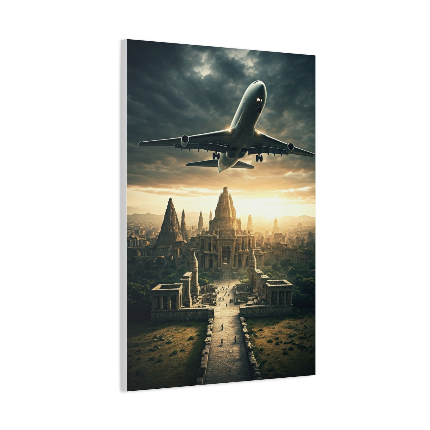 Airliner Over Ancient City Sunrise Wall Art & Canvas Prints