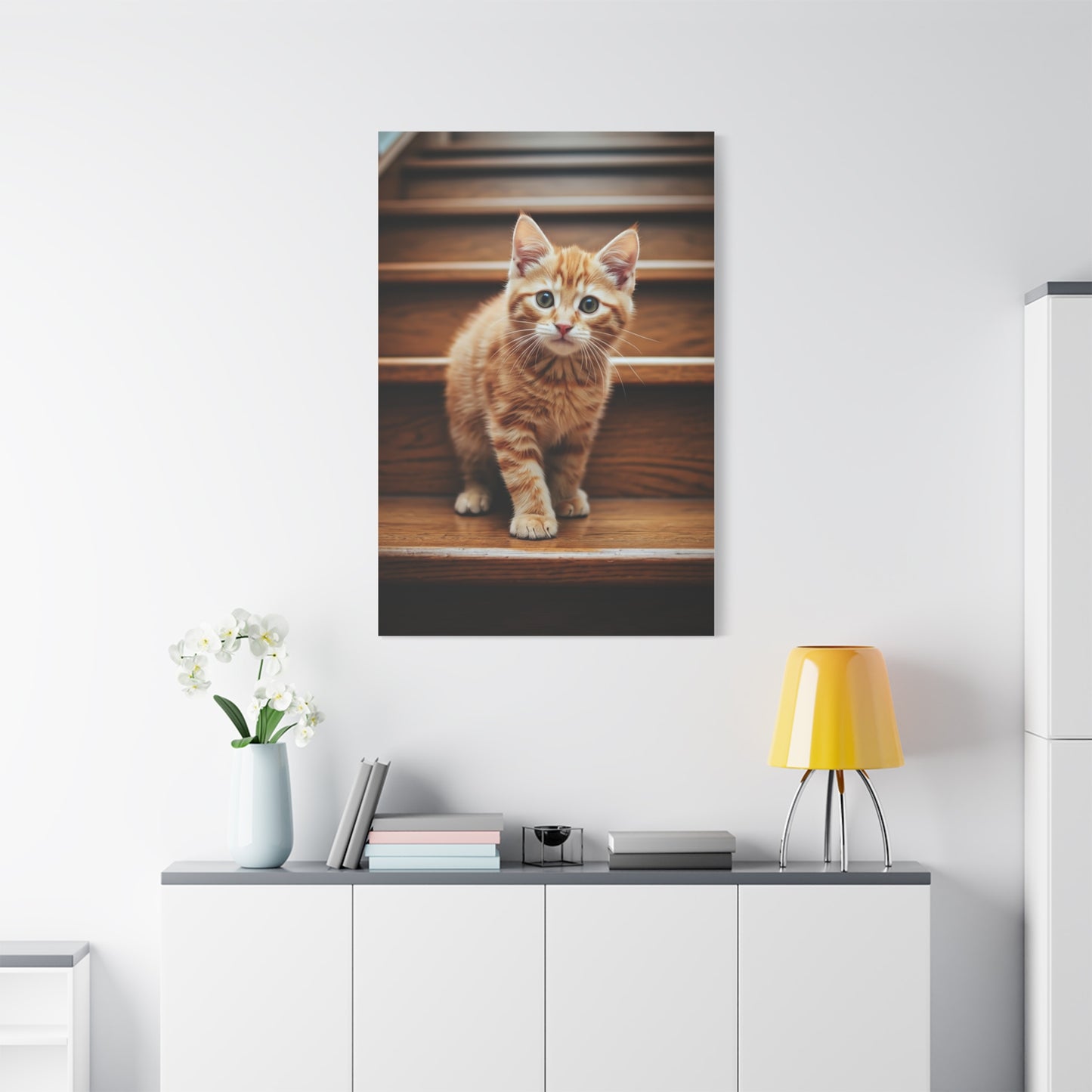 Curious Kitten on Wooden Steps Wall Art & Canvas Prints