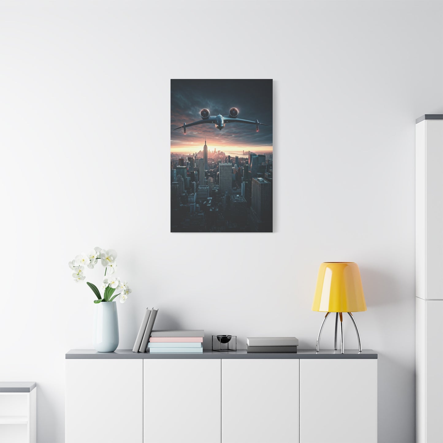 Futuristic Jet Over City Skyline Wall Art & Canvas Prints