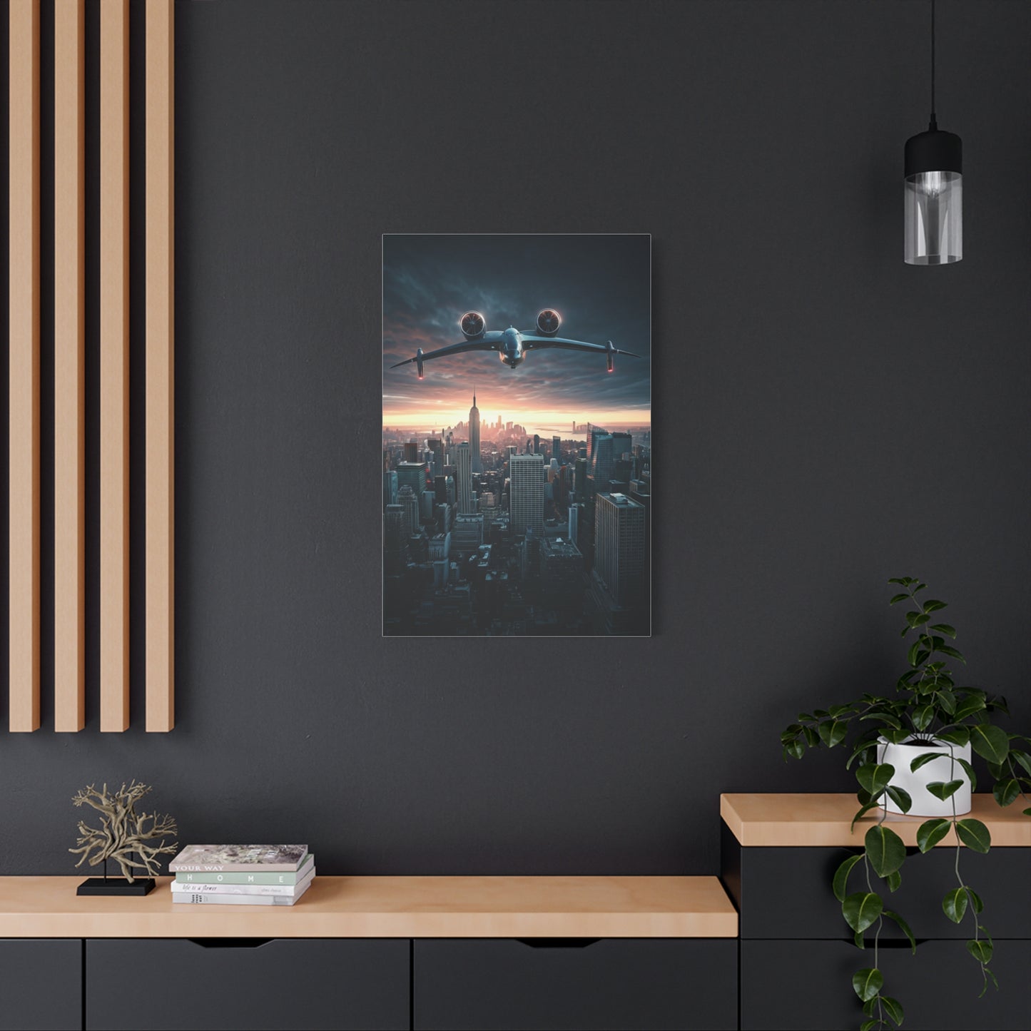 Futuristic Jet Over City Skyline Wall Art & Canvas Prints