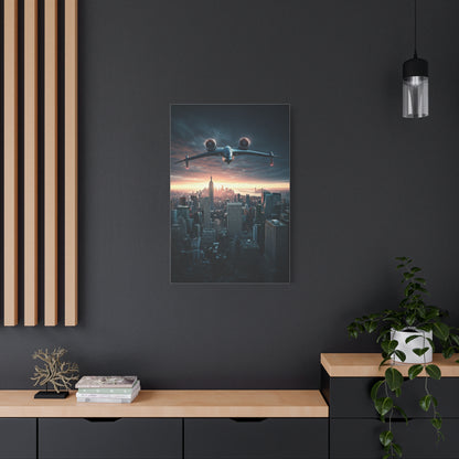 Futuristic Jet Over City Skyline Wall Art & Canvas Prints