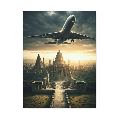 Airliner Over Ancient City Sunrise Wall Art & Canvas Prints