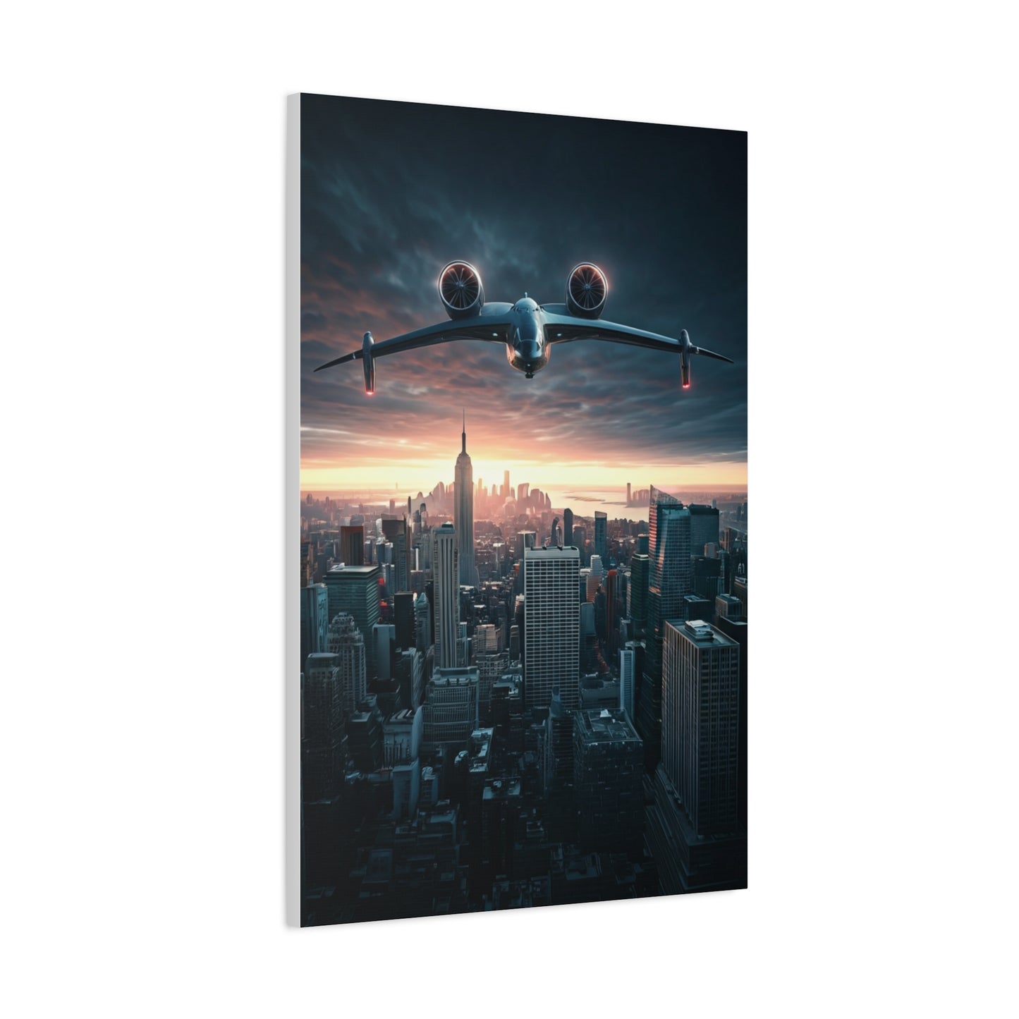 Futuristic Jet Over City Skyline Wall Art & Canvas Prints