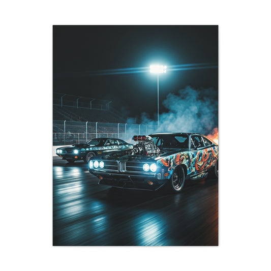 1970 Dodge Charger R/T vs 1970 Plymouth Barracuda Night Drag Duel Wall Art & Canvas Prints