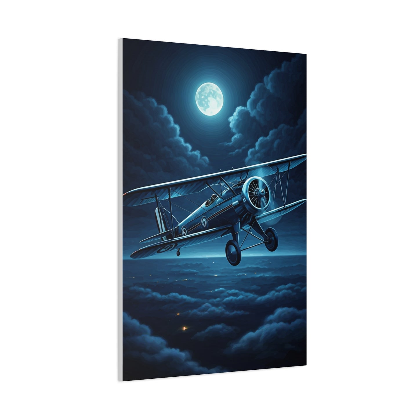 Moonlit Midnight Flight Biplane Wall Art & Canvas Prints
