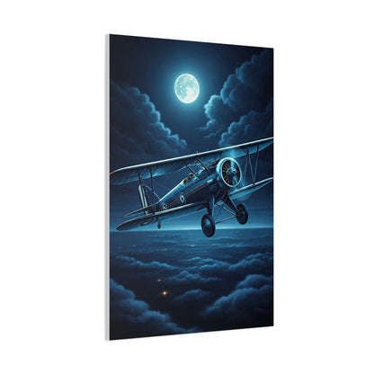 Moonlit Midnight Flight Biplane Wall Art & Canvas Prints