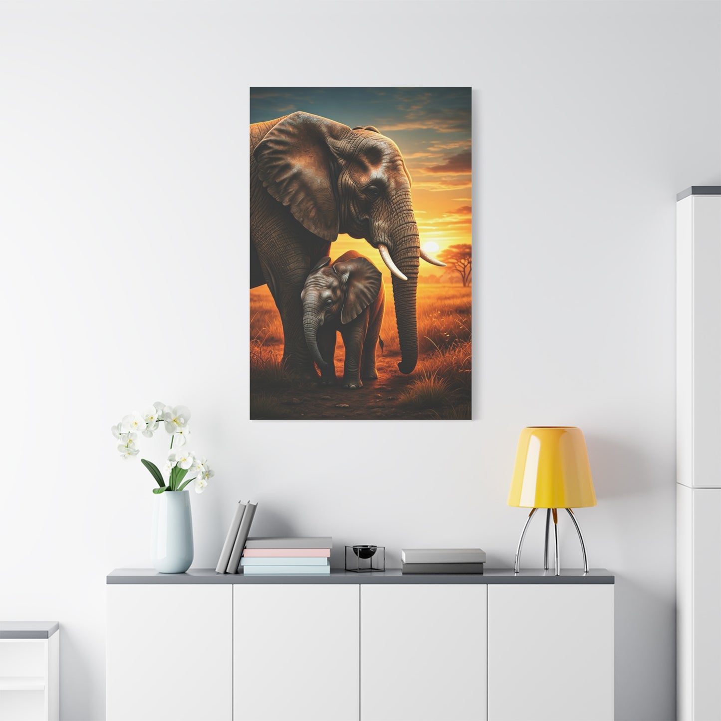 Elephant Mother and Calf at Sunset Wall Art & Canvas Prints
