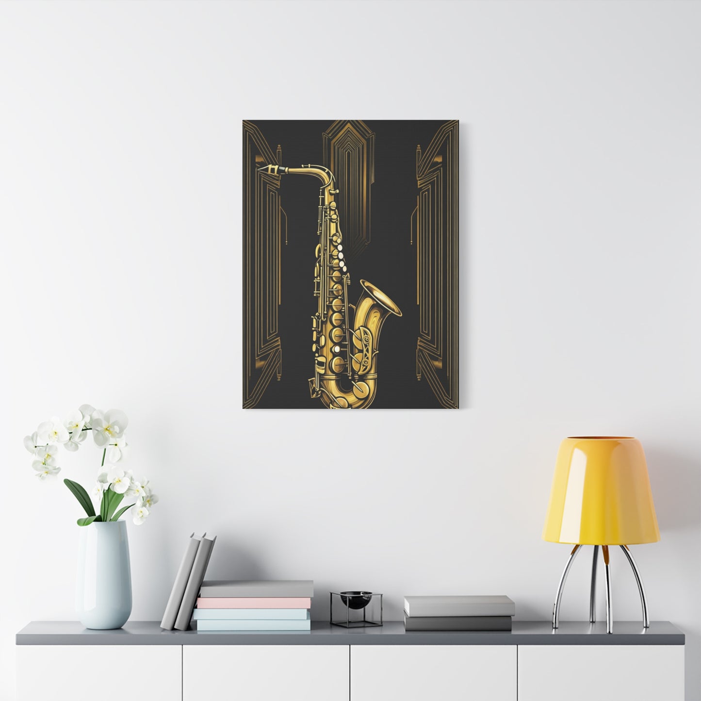 Golden Jazz Saxophone Art Deco Wall Art & Canvas Prints