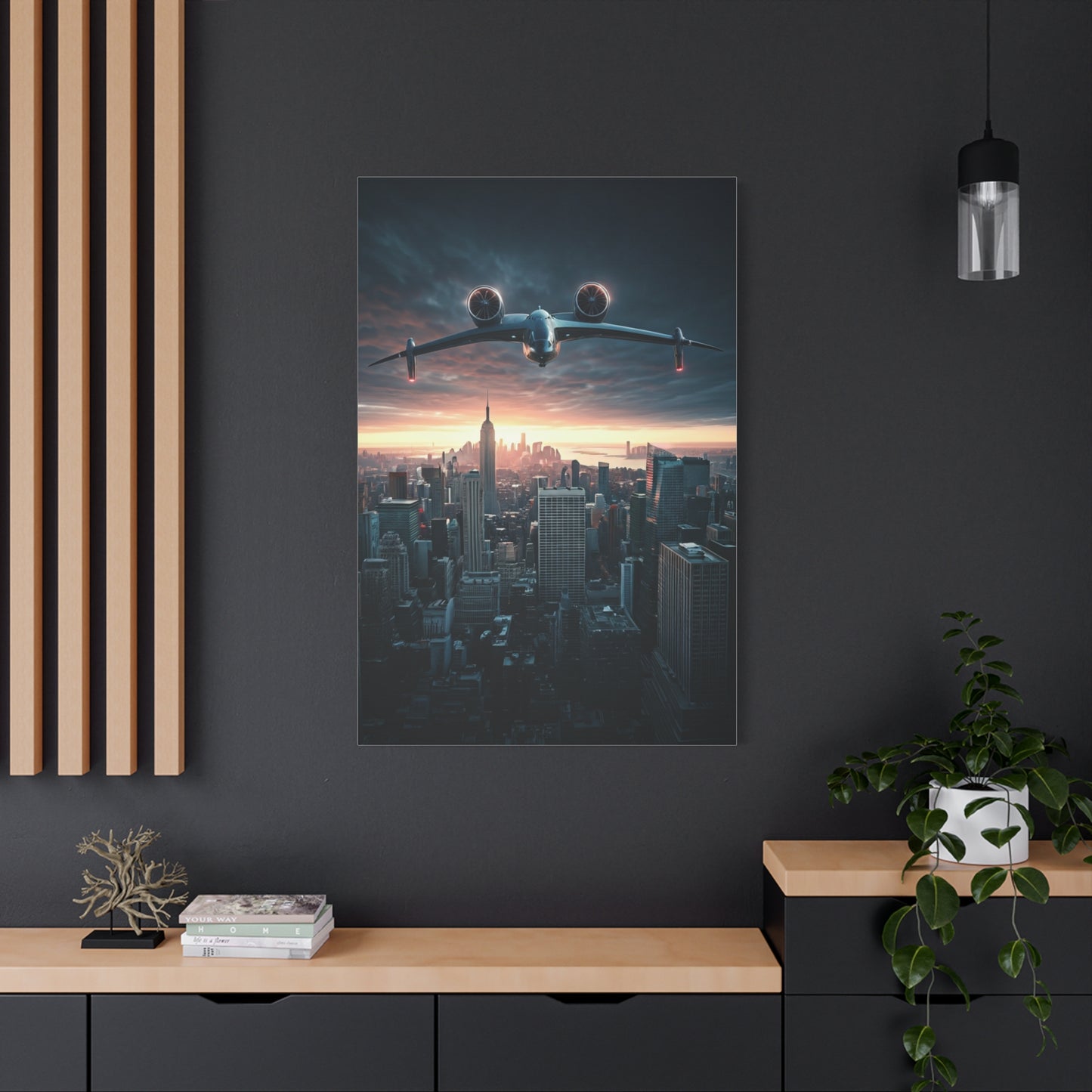 Futuristic Jet Over City Skyline Wall Art & Canvas Prints