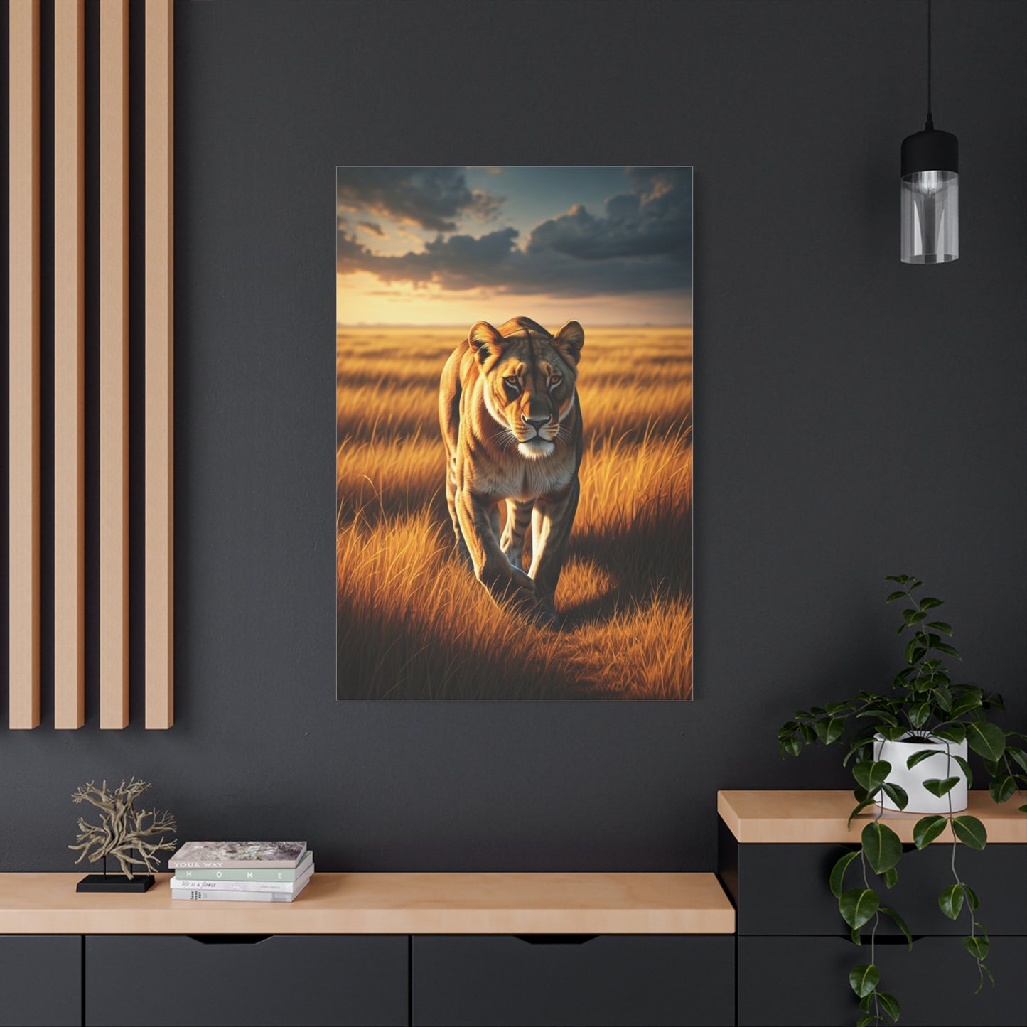 Majestic Lion Walking Through Savannah Grass Wall Art & Canvas Prints