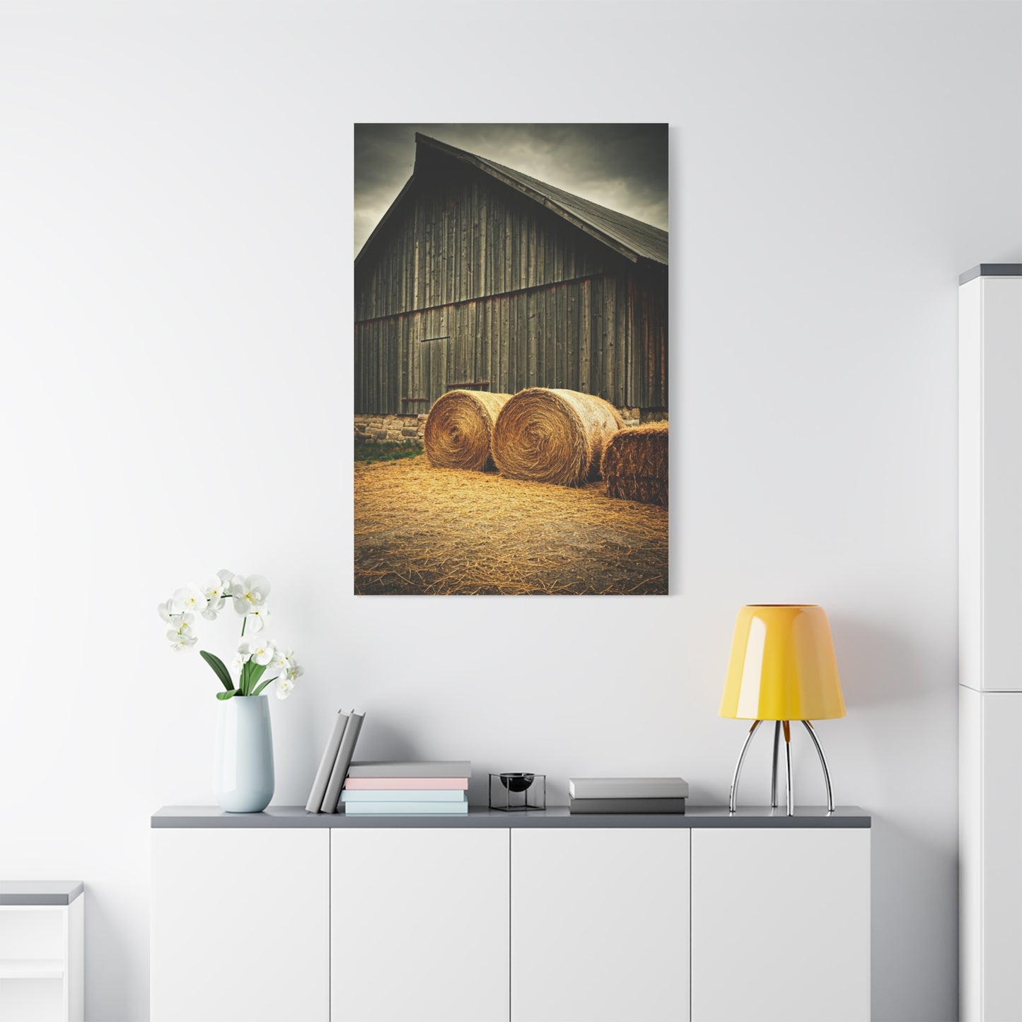 Hay Bales Resting by the Old Barn Wall Art & Canvas Prints