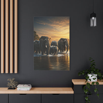Elephant Family Crossing at Golden Dawn Wall Art & Canvas Prints