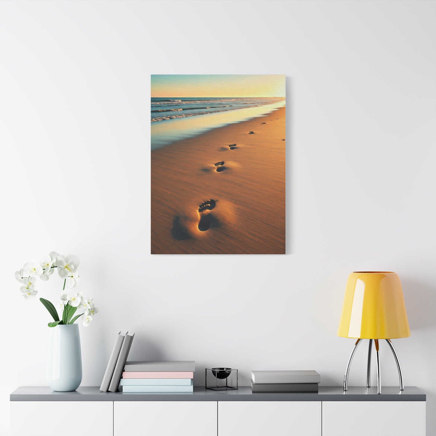 Golden Footprints in Sunset Sand Wall Art & Canvas Prints