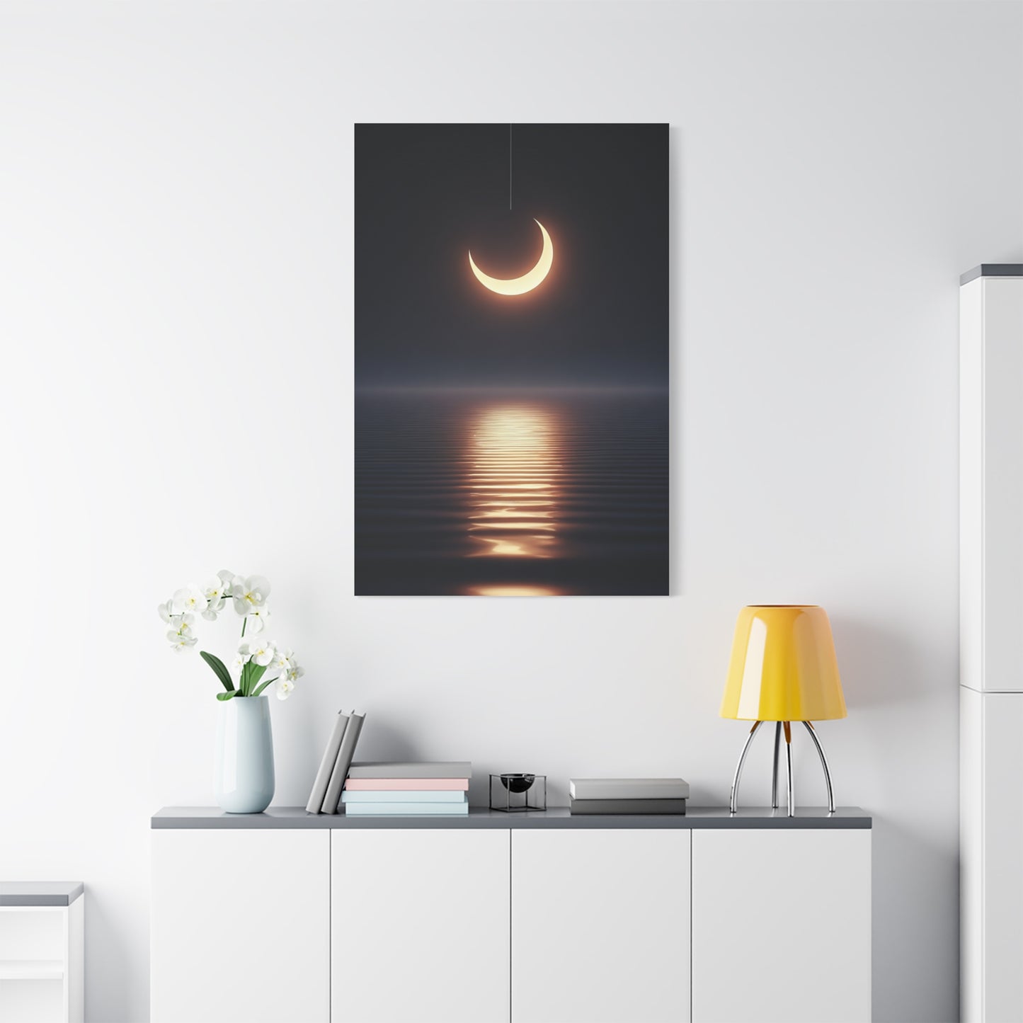 Crescent Moon Reflection Over Calm Water Wall Art & Canvas Prints