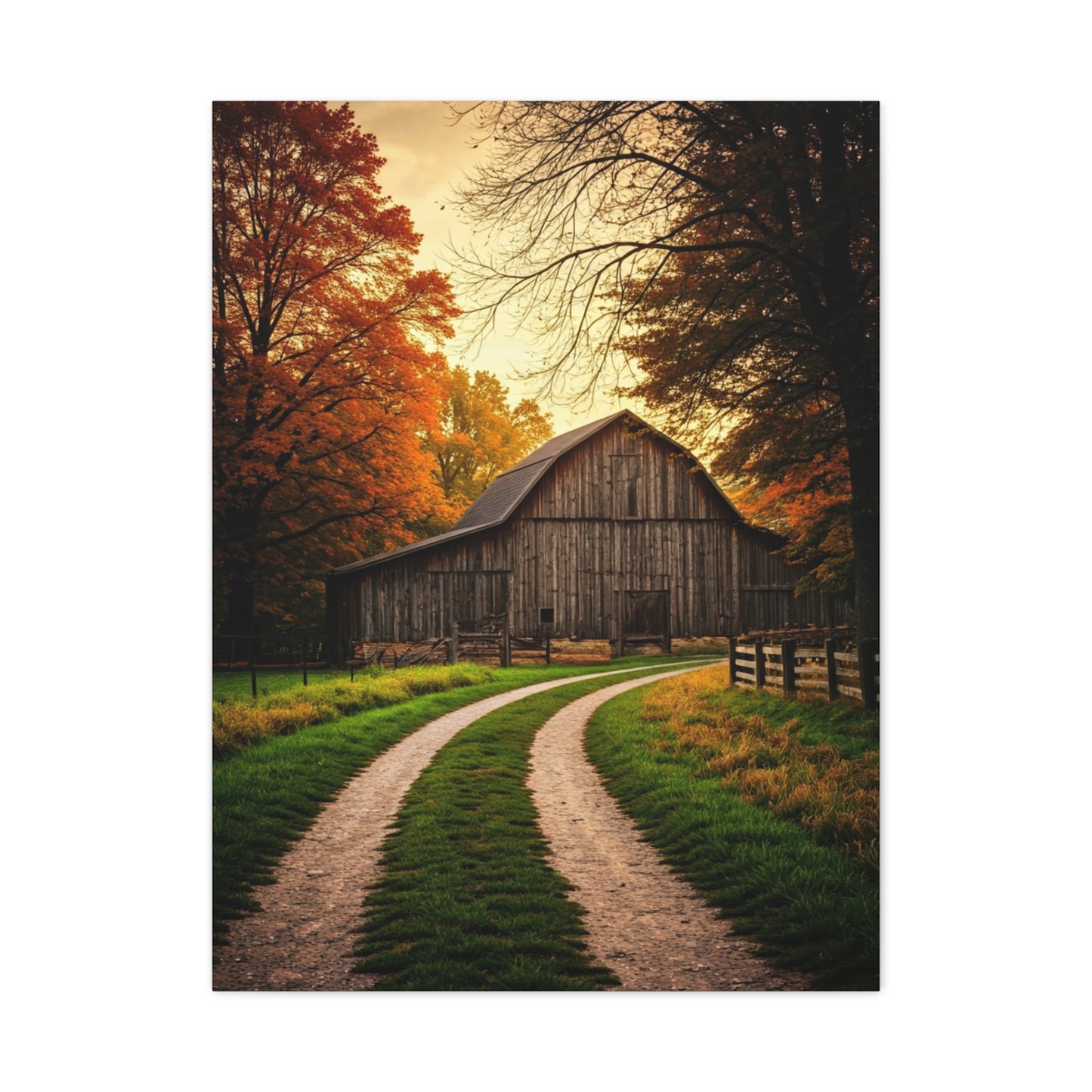 Autumn Barn Road at Golden Hour Wall Art & Canvas Prints