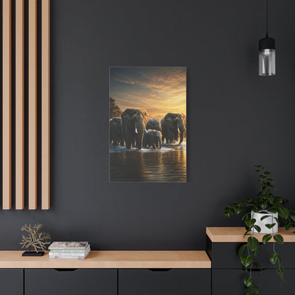 Elephant Family Crossing at Golden Dawn Wall Art & Canvas Prints