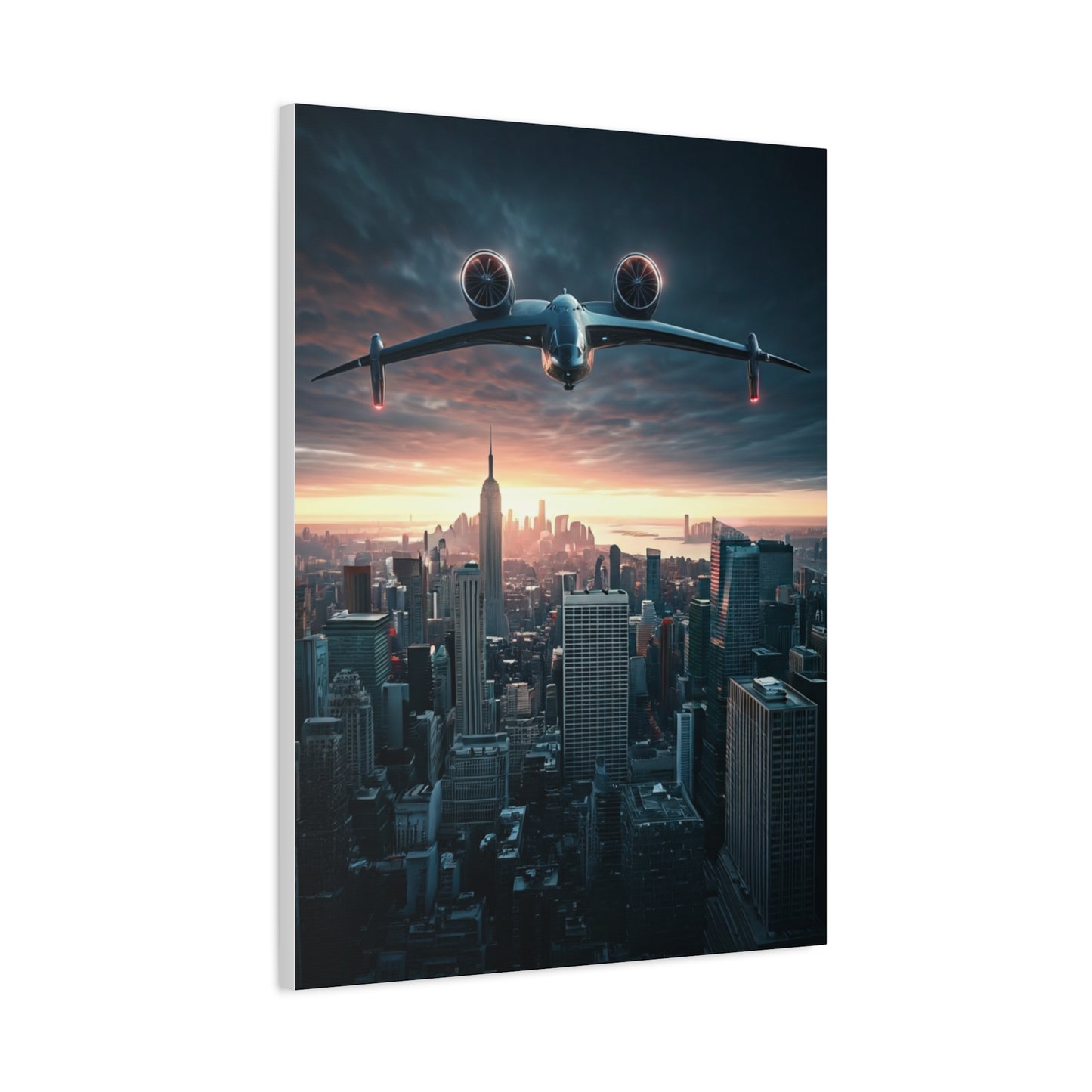 Futuristic Jet Over City Skyline Wall Art & Canvas Prints