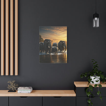 Elephant Family Crossing at Golden Dawn Wall Art & Canvas Prints