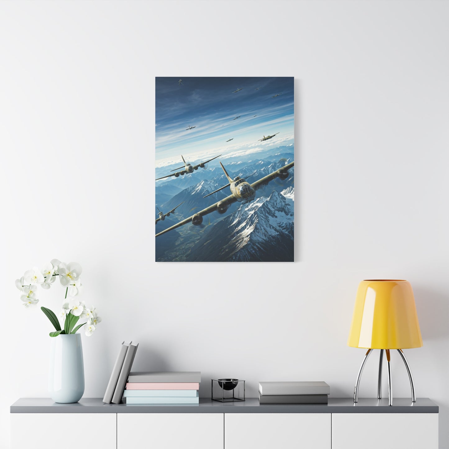 Fighter Squadron Over Mountain Peaks Wall Art & Canvas Prints